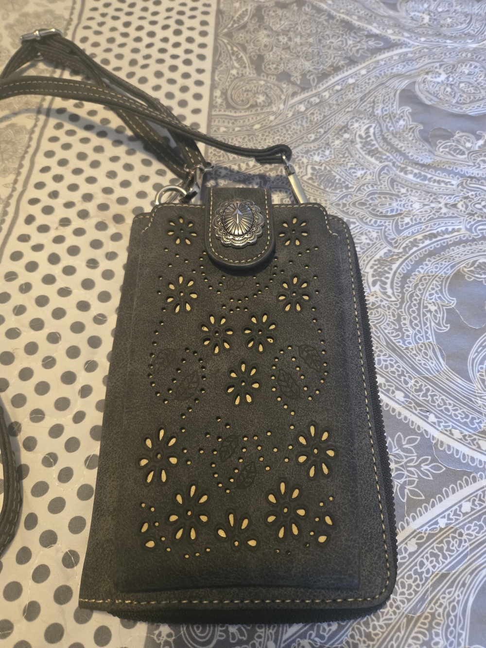 American Bling Dark Gray Floral Cutout Crossbody Phone Bag NWOT